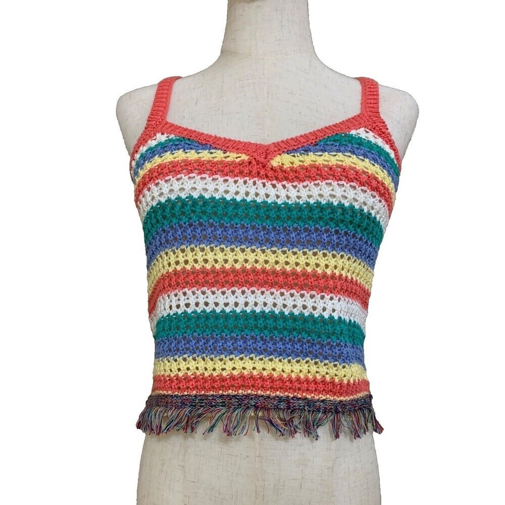 AQUA Crochet Tank Top Womens XS Multi Color Striped Fringe Hem RJ55809B